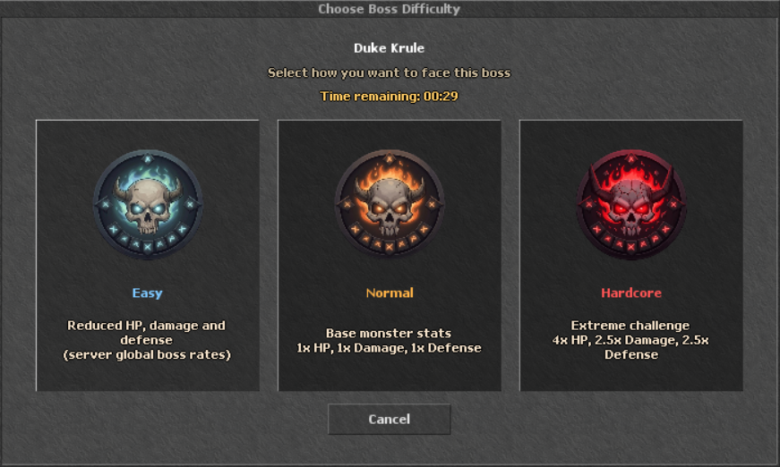 Comparativo dos modos Easy, Normal e Hardcore na interface